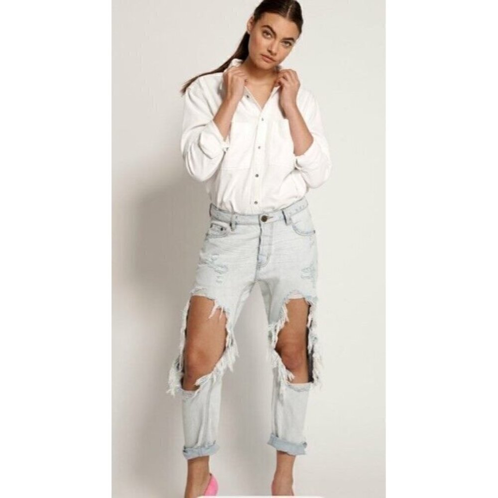 New One Teaspoon Brando Saints Jeans Womens 23 Boyfriend Destroyed Light Blue